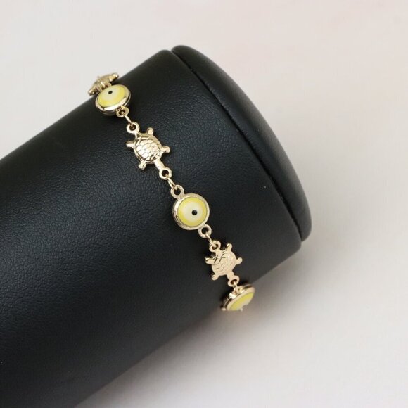 "Rose Gold Turtle & Yellow Evil Eye Bracelet, Cute Protective Design, XPBL0744 - Picture 7 of 12